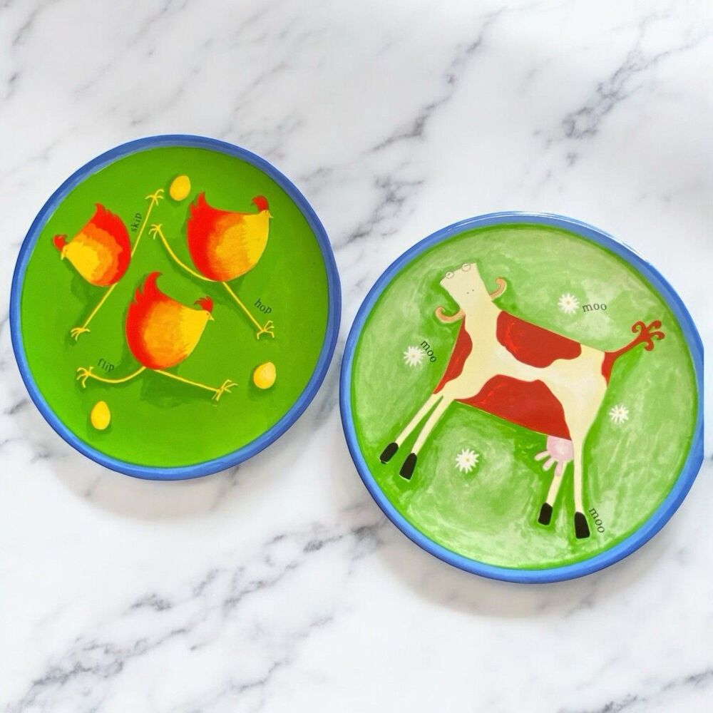 VTG 2 St. Michael Cow & Hen Hanging Plates With Hangars Numbered Chickens Moo